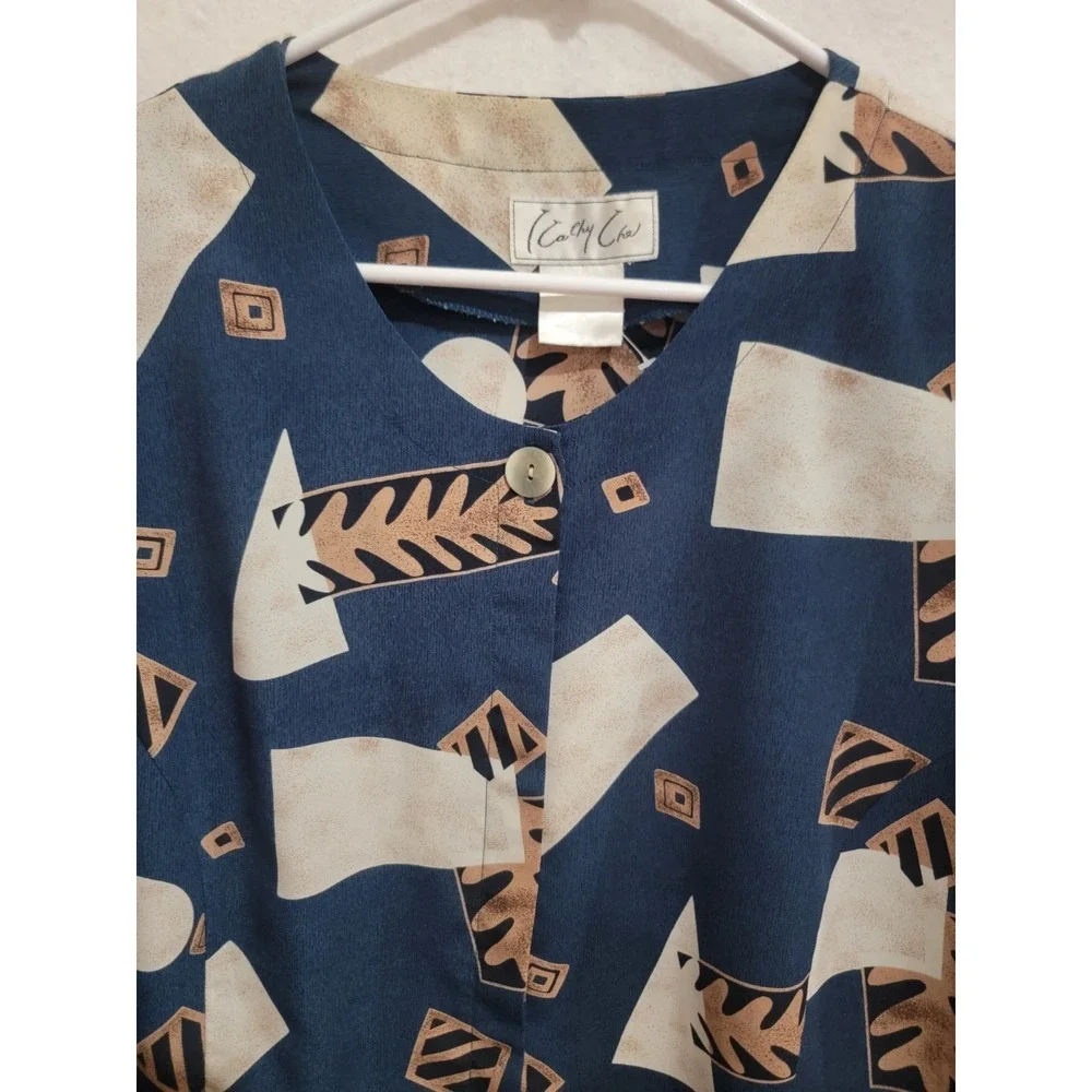 Vintage 90s‎ Cathy Che 2X Navy Abstract Geometric Scalloped Blouse Shoulder Pads